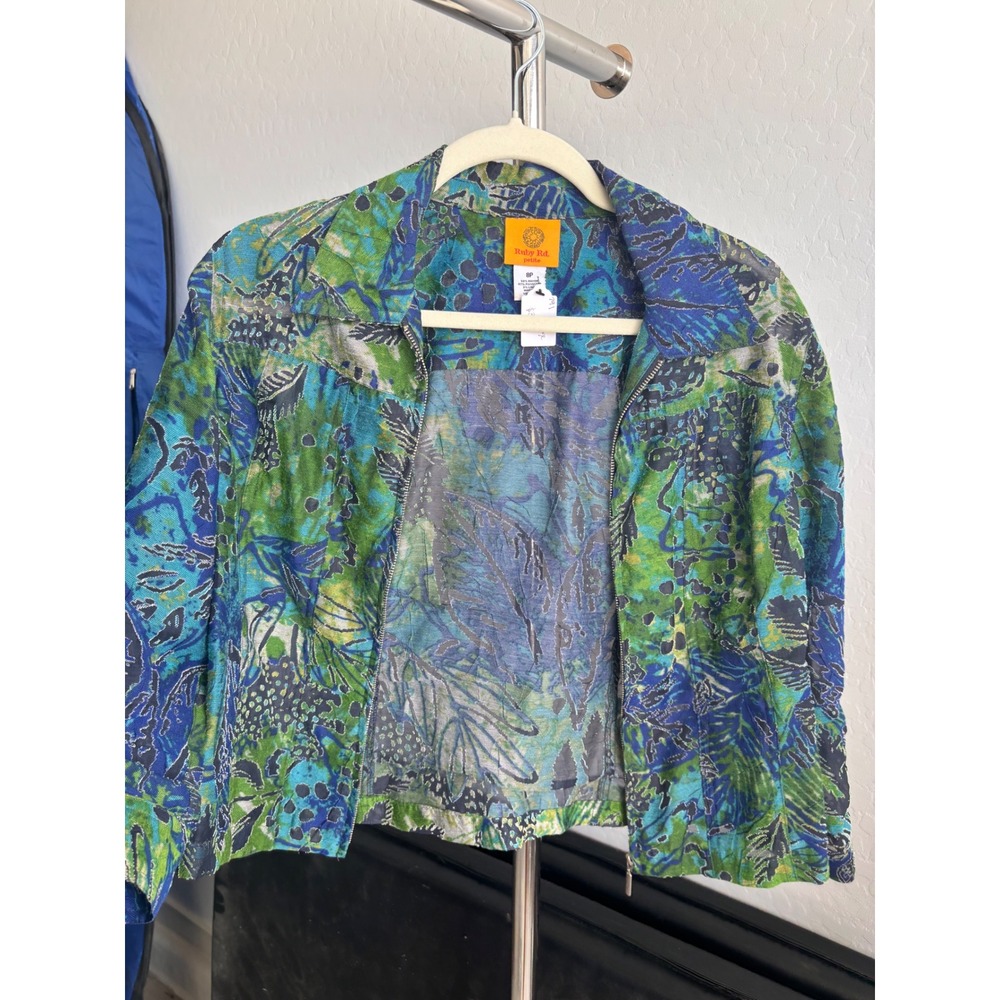 Abstract Floral Zip Up Jacket Petite Blue Green Lightweight Ruby Rd. Coat 8P